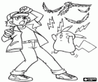 Ash ei suoi Pokemon Pikachu che lancia scariche elettriche