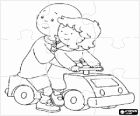 Puzzle di Caillou montato su una piccola auto giocattolo assieme a sua sorella Rosie