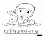 Pocoyo seduta per terra e fare un disegno su un foglio di carta