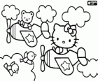 Hello Kitty e orsacchiotto sul loro aerei che volano tra le nuvole e gli uccelli