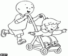 Caillou che fare una passeggiata con la sorella più piccola nel passeggino