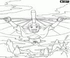 Aang volando sopra le montagne con l'aiuto di una sorta di deltaplano