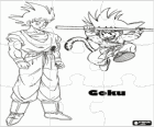 Puzzle di Dragon Ball. Puzzle di bambino salta Goku e Goku adulto, un uomo con la coda di scimmia