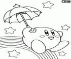 Kirby con un ombrello che vola tra le stelle e l'arcobaleno