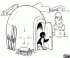 Pingu esce dalla porta di casa sua. Accanto alla igloo c'è un pupazzo di neve
