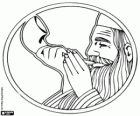 Uomo che suona il shofar. Strumento musicale del vento tipico delle festività ebraiche