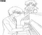 Taro Mitsuki e Hanon nella classe di pianoforte, personaggi da Mermaid Melody Pichi Pichi Pitch