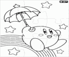 Puzzle de Kirby con un ombrello che vola tra le stelle e l'arcobaleno