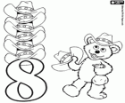 Numero 8 e l'orsacchiotto Baby Bear con otto cappelli da cowboy