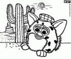 Un Furby e un cactus nel deserto con le montagne sullo sfondo