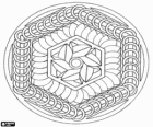 Mandala circolare con esagoni formata da anelli e foglie