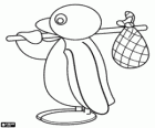 Il pinguino Pingu con il bastone e la borsa