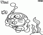 Il gatto cosmico Doraemon facendo immersioni subacquee