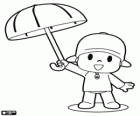 Il bambino carino Pocoyo con un ombrello aperto