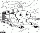 Thomas la locomotiva a vapore sotto una forte nevicata