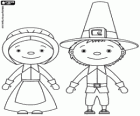Una famiglia di Pilgrims, il marito e la moglie. La tradizione del giorno del Ringraziamento