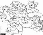Gruppo di sei principesse dal magico mondo: Biancaneve, la Principessa Aurora o bella addormentata, la principessa Jasmine, Cenerentola, la Sirenetta Ariel e la Principessa Belle