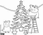 La famiglia di Peppa Pig sta preparando i festeggiamenti di Natale. Peppa Pig e la sua famiglia con l'albero di Natale decorato