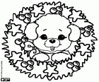 Un cucciolo, un cagnolino con la testa all'interno di una corona di Natale