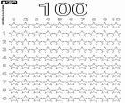 Imparare a contare fino al numero 100 con cento stelle disposte a decine. Foglio educativo con dieci colonne di dieci righe di stelle per un totale di cento elementi per il conteggio e la colorazione