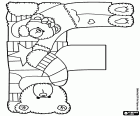 La lettera F, formata da un orso con la sciarpa che fa una verticale con solo un braccio e con l'altro braccio che tiene una piccola orsa in posizione orizzontale