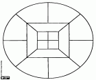 Un mandala circolare progettato da due quadrati divisa in quarti, in un caso al retto e l'altro in diagonale