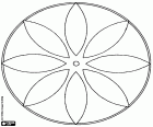 Un mandala geometrica circolare simile a un fiore con otto petali e piccolo cerchio al centro