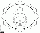 Il Buddha della medicina, Bhaisajyaguru. Rappresentazione del volto del Maestro della medicina del Buddhismo all'interno di un fiore di loto. Il colore del Buddha della medicina è il blu che proviene il lapislazzuli
