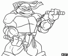 La tartaruga ninja Michelangelo con la sua arma preferita, due nunchaku