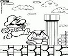 Una scena di un videogioco Super Mario. Il protagonista è Mario che salta sopra il suo nemico Goomba sotto lo sguardo di nuvole sorridente