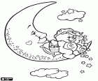 Bedtime bear, Orso di coricarsi, un orso dil cuore con una cuffia da notte seduto sulla luna mentre getta stelle il cielo di notte