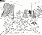 I quattro Puffi a Central Park a New York, i protagonisti del film il Grande Puffo, Puffetta, Smurf Quattrocchi e Tontolone