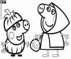 I due porcellini, i fratelli Pig, Peppa e George con i loro costumi e zucche di Halloween