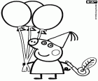 Peppa Pig sulla sua festa di compleanno con alcuni palloncini gonfiabili e un cappello di carta