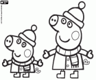 I fratelli Peppa Pig e George Pig con vestiti caldi in inverno. Peppa e George indossa cappotto, sciarpa e cappello