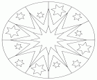 Una mandala del perimetro circolare formata da due stelle centrali concentrici e altre stelle decorative nella striscia esterna
