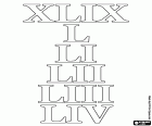 In questo foglio educativo su sistema numerico romano, i numeri romani 49, 50, 51, 52, 53 e 54