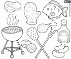 Una raccolta di disegni da colorare sul grigliata barbecue con alcuni dei prodotti più comuni e alcuni utensili essenziali. Un barbecue può essere un pasto festivo, come può essere preparato per molti commensali