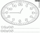00:45 alle 12:45, e 'l'una meno un quarto, un foglio didattico per imparare le ore dell'orologio. Un orologio con le lancette che indicano mezzogiorno o mezzanotte e quarantacinque minuti. Include i numeri di ore in formato 24 ore
