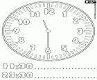 11:30 e 23:30, sono le undici e mezza, trenta minuti dopo le undici, un foglio didattico per imparare le ore sull'orologio, include le ore in formato digitale