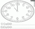 11:00 e 23:00, sono le undici in punto in questo orologio, un disegno da colorare per imparare le ore dell'orologio
