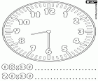 08:30 e 20:30, un foglio di educativo per imparare che ora sono le otto e mezza, in un orologio analogico e in formato digitale