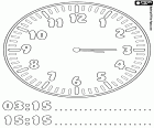 03:15 e 15:15, le lancette dell'orologio indicano che ora sono le tre e un quarto della mattina o del pomeriggio. Tre ore e quindici minuti in questo orologio da colorare