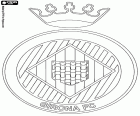 Emblema del Girona FC. Una squadra di calcio fondata nel 1930 nella città di Girona. La stagione 2017-2018 giocherà per la prima volta nella sua storia nella prima divisione spagnola, La Liga, dopo aver ottenuto la seconda posizione nella Liga 123 della stagione 2016-2017