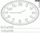 01:45 e 13:45, in questo orologio sono le due meno un quarto nella notte o nel pomeriggio, un disegno da colorare per imparare le ore dell'orologio
