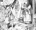 Un frammento di una scena della fiaba di Hansel e Gretel, il disegno originale è di Adrian Ludwig Richter, un pittore e incisore tedesco del secolo XIX
