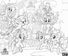 I pony di Equestria al loro primo Festival di amicizia. Twilight con Spike il drago e le sue amiche Pinkie Pie, Rainbow Dash, Rarity, Applejack e Fluttershy