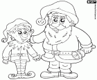Un elfo accanto a Babbo Natale con una piccola campana nella sua mano, si stanno preparando a Natale