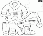 Puzzle con il vestito tipico di Santa Claus per Natale: cappotto, pantaloni, cappello e stivali