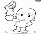 Pocoyo con frutta sulla sua mano. Pocoyo ama frutta che è un alimento che fornisce molte vitamine